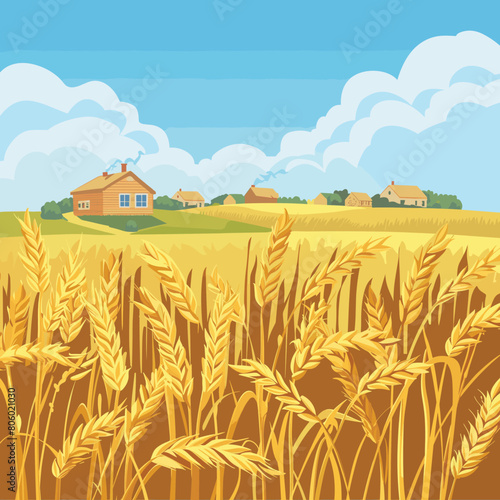 Golden wheat field ripe harvest, rural houses distance under blue sky. Countryside landscape, yellow wheat ears, farming scene, summer day. Farmhouse surrounded agricultural land, crops swaying