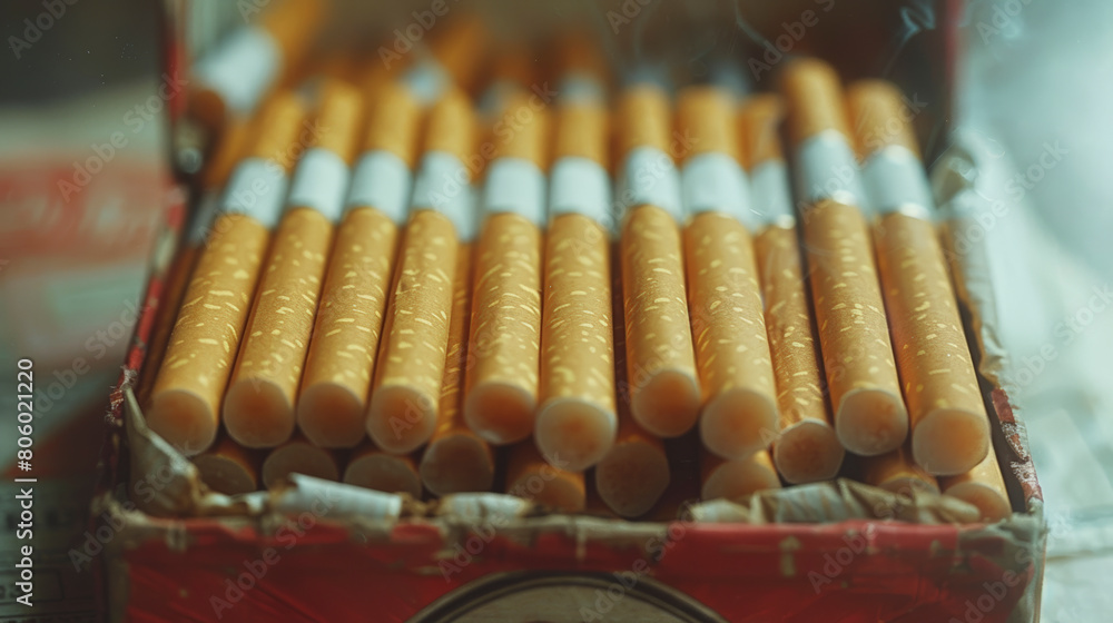 Close-up of an open cigarette pack filled with filtered cigarettes, with focus on the textured filters and the brand partially visible. Close-up of an open cigarette pack filled with filtered cigarettes, with focus on the textured filters and the brand partially visible.