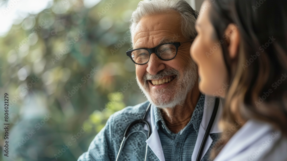 An elderly man with glasses smiling warmly, looking at a person who appears to be a healthcare professional, possibly during a friendly conversation or consultation. An elderly man with glasses smiling warmly, looking at a person who appears to be a healthcare professional, possibly during a friendly conversation or consultation.