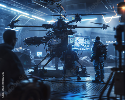 Design a CG 3D composition showcasing a drone capturing a clandestine meeting between characters in a sleek sci-fi environment photo