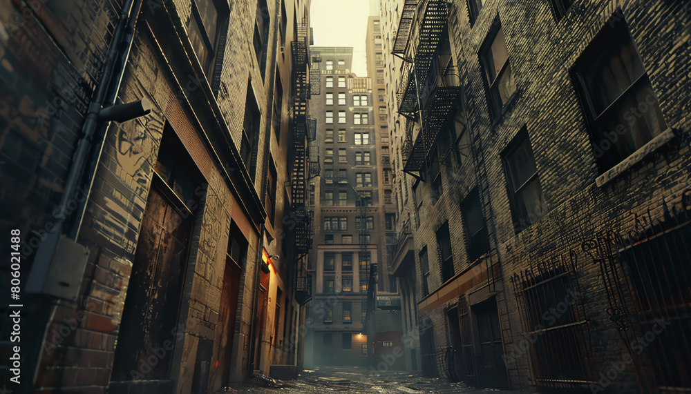 Depict a shadowy alleyway in an urban setting