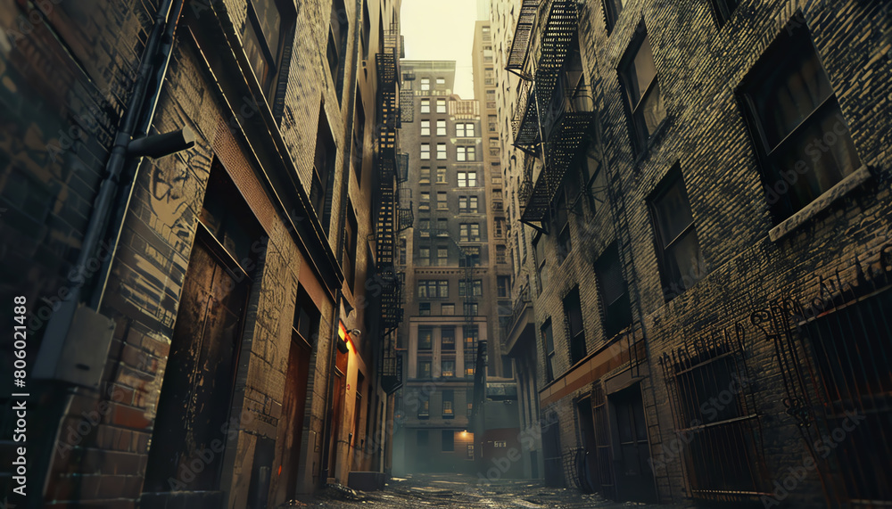 Depict a shadowy alleyway in an urban setting Depict a shadowy alleyway in an urban setting