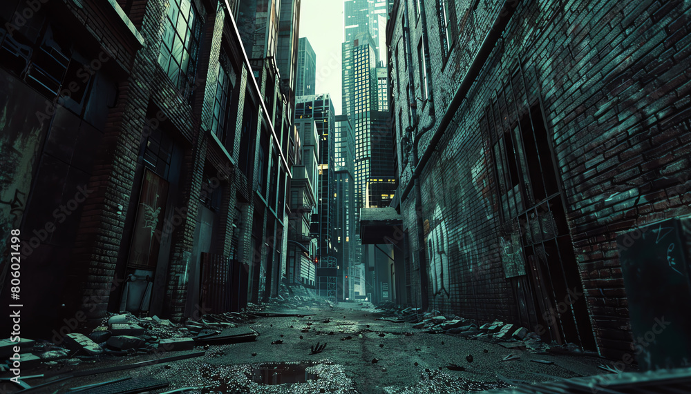 Depict a shadowy alleyway in an urban setting