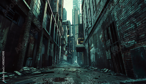 Depict a shadowy alleyway in an urban setting