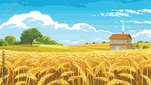 Golden wheat field ripe crops farm house blue sky fluffy clouds rustic rural scene summer landscape. Countryside serene panorama meadow farmhouse agriculture green trees tranquil nature backdrop