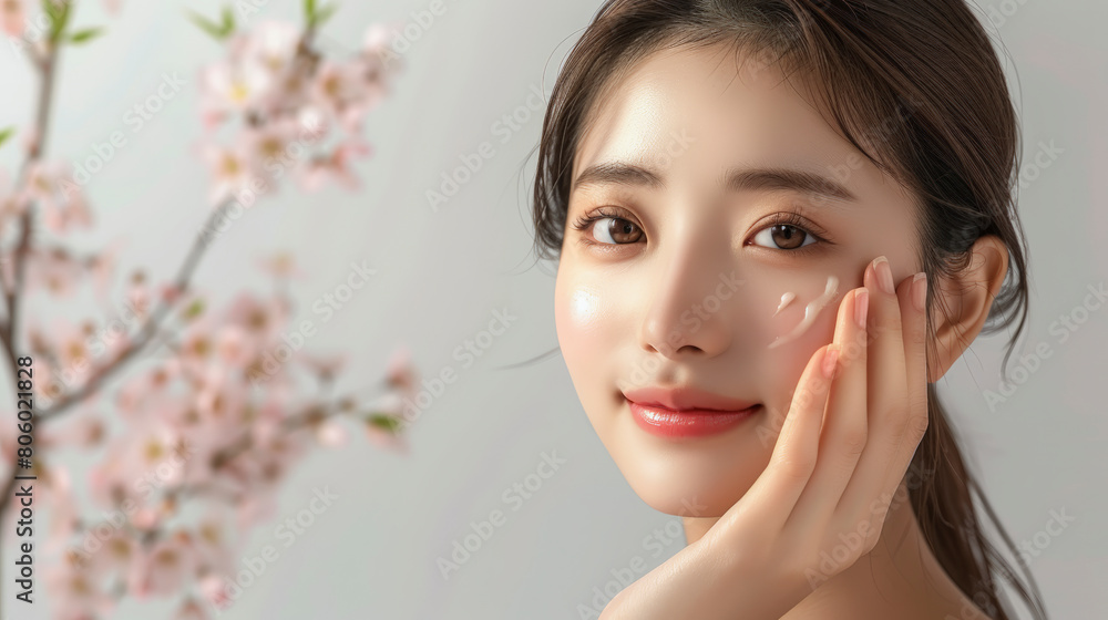 A digital artwork of a woman with a serene expression applying cream on her face, with soft-focus cherry blossoms in the background. A digital artwork of a woman with a serene expression applying cream on her face, with soft-focus cherry blossoms in the background.