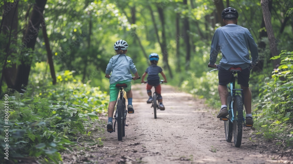Naklejka premium A father enjoys a bicycle ride through a lush park with his two children, showing them the joy of active outdoor recreation.