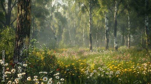  A tranquil forest glade with a carpet of wildflowers in bloom, surrounded by towering trees and the gentle rustle of leaves in the breeze. . 
 photo