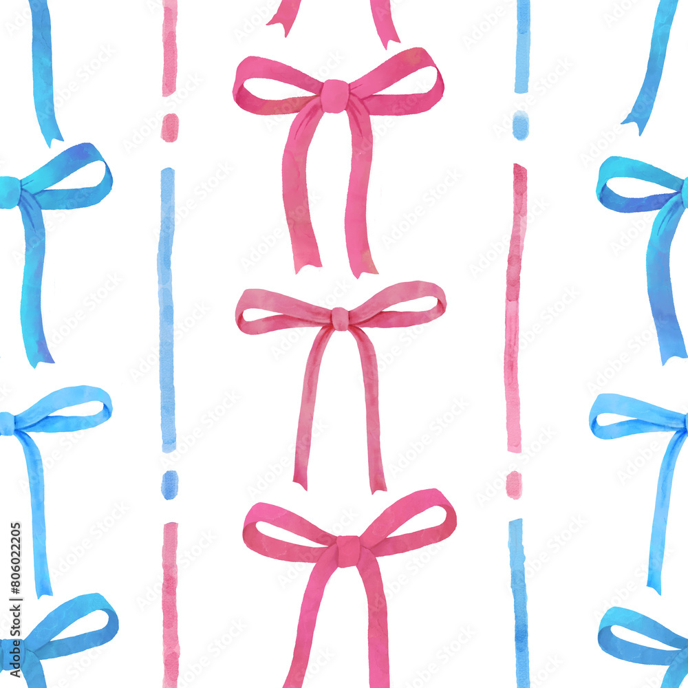 Bows seamless pattern. Pink and blue bows in a stripes. Watercolor illustration Bows seamless pattern. Pink and blue bows in a stripes. Watercolor illustration