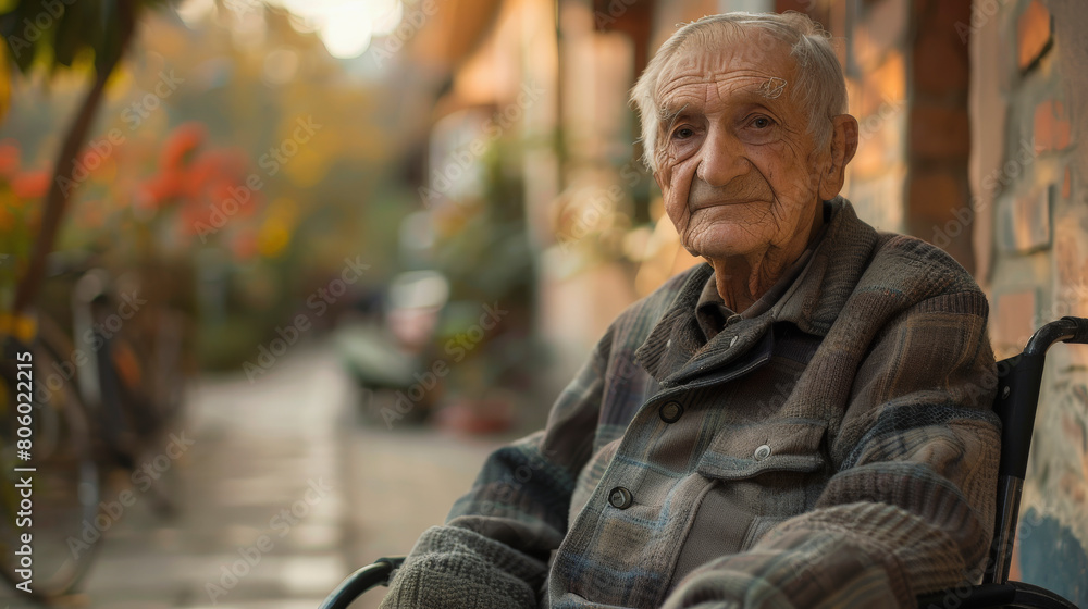 An elderly man sitting in a wheelchair on a cozy porch, surrounded by plants, with a warm, blurred background suggesting a peaceful residential setting. An elderly man sitting in a wheelchair on a cozy porch, surrounded by plants, with a warm, blurred background suggesting a peaceful residential setting.