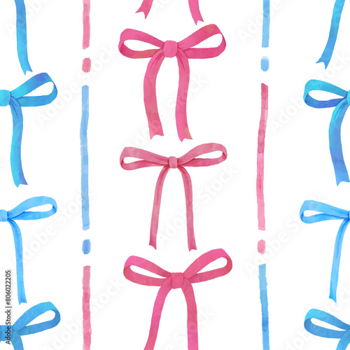 Bows seamless pattern. Pink and blue bows in a stripes. Watercolor illustration 