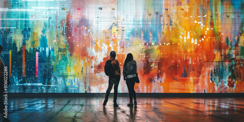 Two people standing in front of a colorful painting