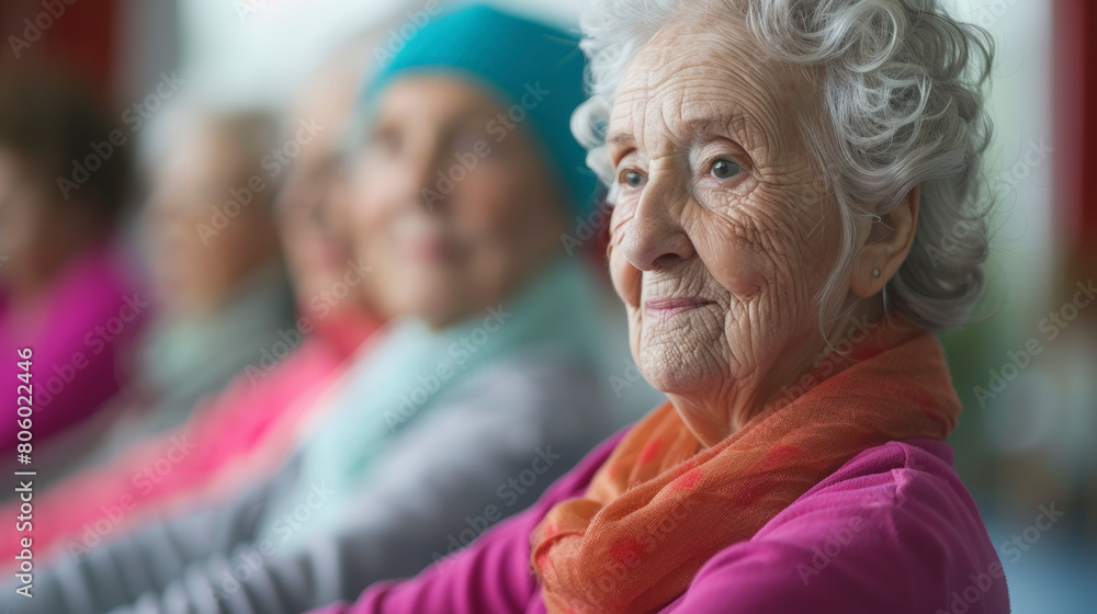 Elderly woman with white hair and an orange scarf smiling gently, with other senior individuals softly focused in the background. Elderly woman with white hair and an orange scarf smiling gently, with other senior individuals softly focused in the background.