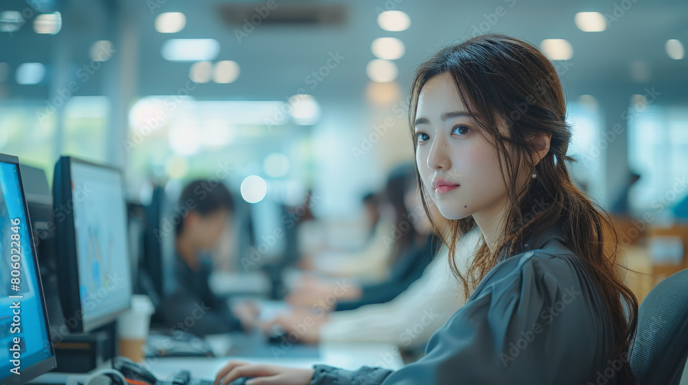 A woman in an office setting with computers looks toward the camera, surrounded by colleagues focused on their screens in a modern workplace environment. A woman in an office setting with computers looks toward the camera, surrounded by colleagues focused on their screens in a modern workplace environment.