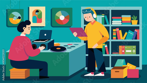 The sound of a crackling record player filled the air as a customer flipped through the colorful sleeves of vintage albums.. Vector illustration