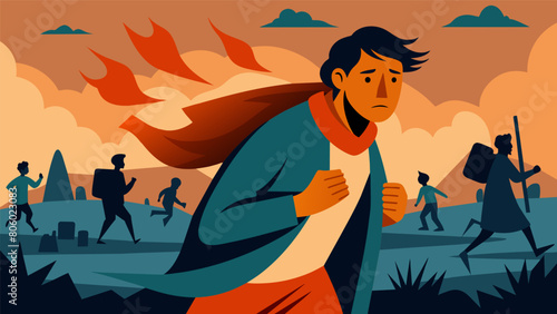 A refugee fleeing war and violence displaying remarkable resilience and strength in the face of adversity.. Vector illustration
