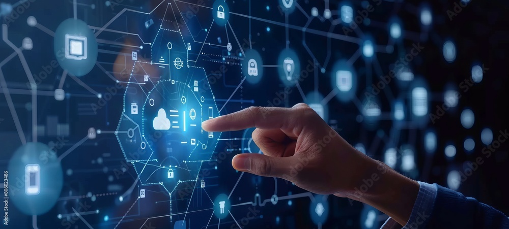 A businessman uses his finger to touch the digital screen for biometric access, while an avatar of cloud technology and security icons appears on it A businessman uses his finger to touch the digital screen for biometric access, while an avatar of cloud technology and security icons appears on it