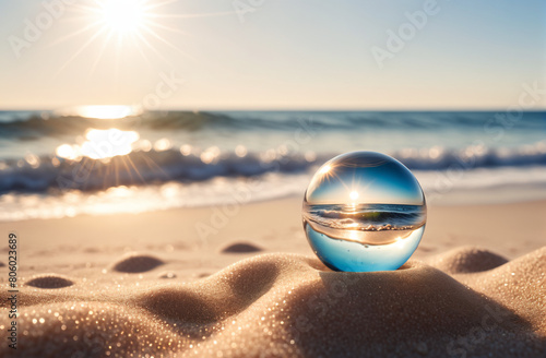 Pleasant sensations on the eve of a vacation, a transparent glass ball on the beach reflecting the sun, sea, waves and sand photo
