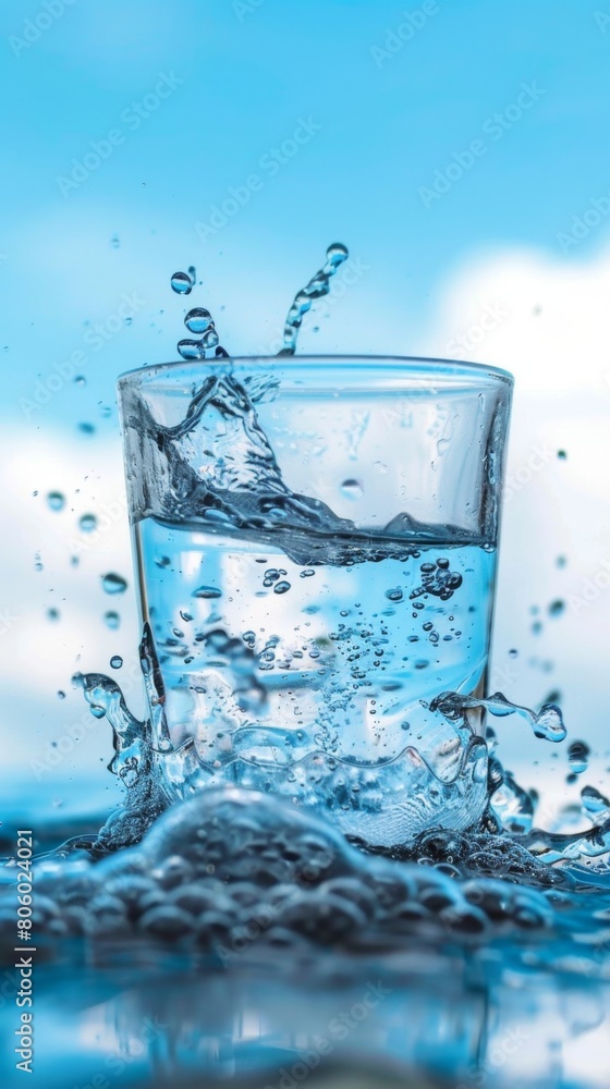 Dynamic Splash in Glass of Water Against Blue Background
Close-up image capturing a dynamic splash of clear water in a glass, set against a soft blue background with vivid water droplets.
Dynamic Splash in Glass of Water Against Blue Background
Close-up image capturing a dynamic splash of clear water in a glass, set against a soft blue background with vivid water droplets.