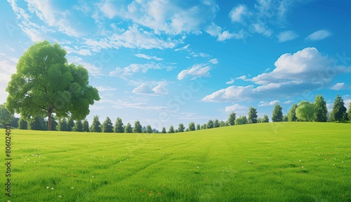 a green grass field with trees and a blue sky  in the style of photo-realistic landscapes  cheerful colors  colorful landscapes