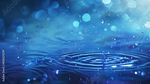 Abstract background with raindrops falling on the ground, creating circular ripples and splashes in blue tones. The scene is illuminated by a soft light, giving it an ethereal feel.