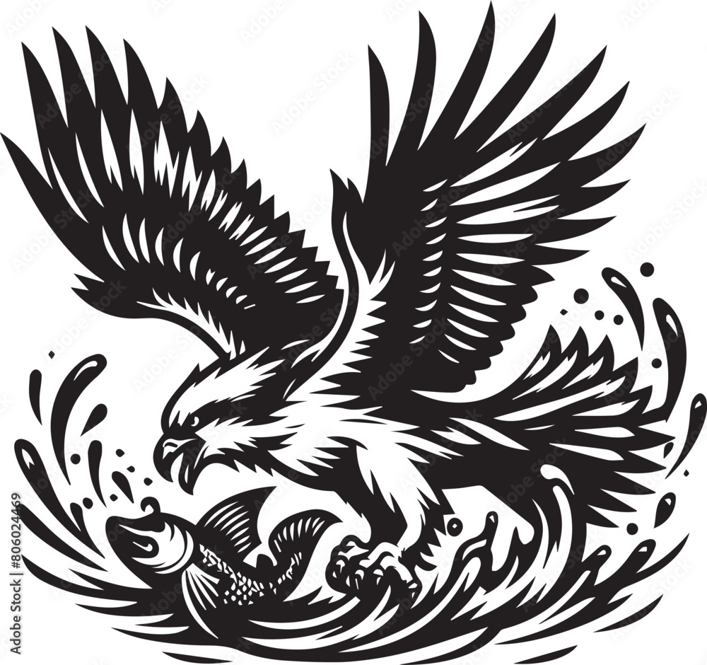 Amazing osprey or sea hawk trying to hunt Vector Illustration silhouette. An amazing picture of an osprey or sea hawk hunting a fish from the water. Amazing osprey or sea hawk trying to hunt Vector Illustration silhouette. An amazing picture of an osprey or sea hawk hunting a fish from the water.