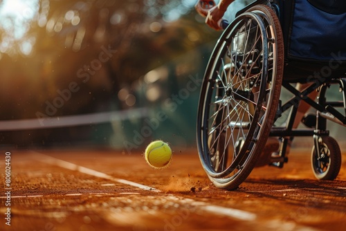 A wheelchair-bound disabled athlete participating in inclusive tennis. Generative Ai photo