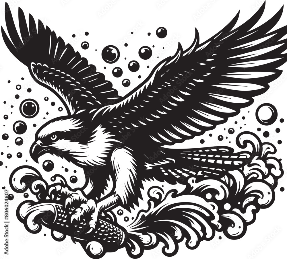Amazing osprey or sea hawk trying to hunt Vector Illustration silhouette. An amazing picture of an osprey or sea hawk hunting a fish from the water. Amazing osprey or sea hawk trying to hunt Vector Illustration silhouette. An amazing picture of an osprey or sea hawk hunting a fish from the water.