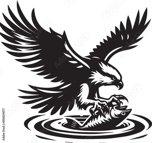 Amazing osprey or sea hawk trying to hunt Vector Illustration silhouette. An amazing picture of an osprey or sea hawk hunting a fish from the water.