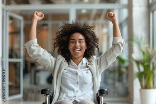 Wheelchair-bound, happy, crippled Black lady wins. Generative Ai photo