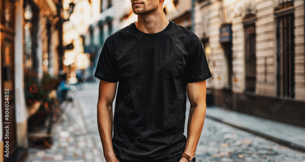 A man wearing a black shirt stands on a cobblestone street A man wearing a black shirt stands on a cobblestone street