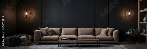 Modern black living room and empty wall texture background interior design 