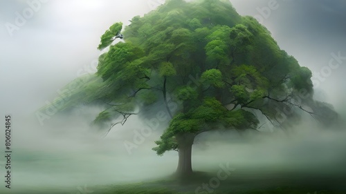 A misty morning scene where a majestic green tree stands tall amidst the foggy atmosphere.