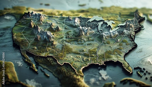state map of America ,USA Craft a 3D-rendered, photorealistic close-up shot of a state map, highlighting the texture and depth of the terrain and landmarks with meticulous precision., photo