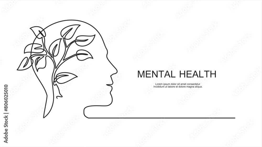 Fototapeta premium One continuous line drawing of human head with plant inside. Mental health and psychology vector concept. Creative ideas, grow up, positive thinking and self care. Growth mindset skills illustration
