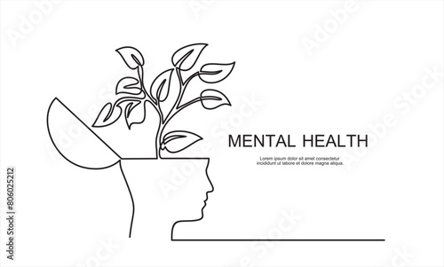 One continuous line drawing of human head with plant inside. Mental health and psychology vector concept. Creative ideas, grow up, positive thinking and self care. Growth mindset skills illustration
