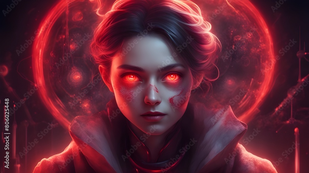 Artistic image, female character with a mix of features from a scientist and an alchemist, her eyes glowing with a sinister red light

