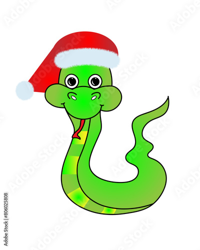 A cute cartoon green snake in a Santa hat. New year animal vector illustration on white background