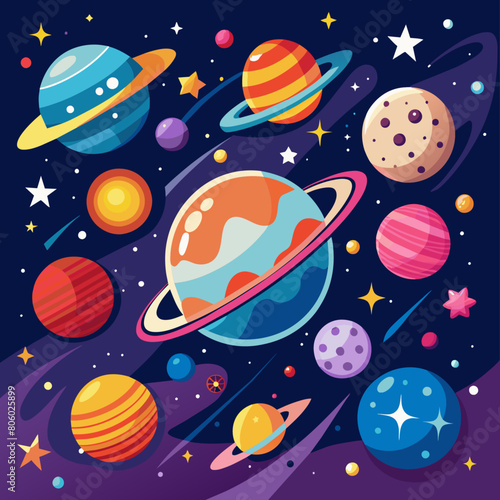 Space exploration vectors with vibrant planets and stars  fitting for educational materials.