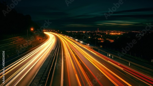 Nighttime long exposure of a road. A vibrant long exposure shot capturing the dynamic lights of cars traversing a road at night, reflecting the urban pulse © MiniMaxi
