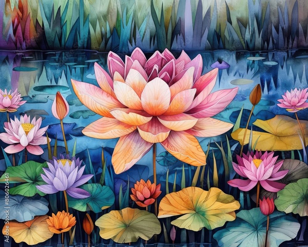 A beautiful watercolor painting of a pond with water lilies A beautiful watercolor painting of a pond with water lilies
