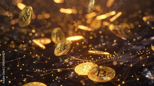 abstract background  Golden shining bitcoins are raining down within the imagery of an electronic network 
