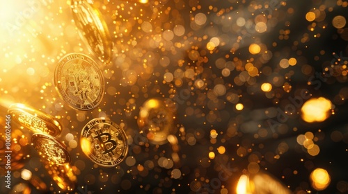 abstract background, Golden shining bitcoins are raining down within the imagery of an electronic network  photo