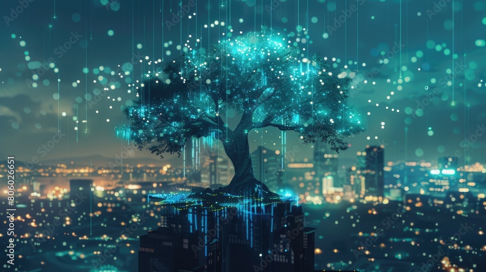 abstract background, illustration of beautiful glowing tree growing on cities representing digital technology in studio.