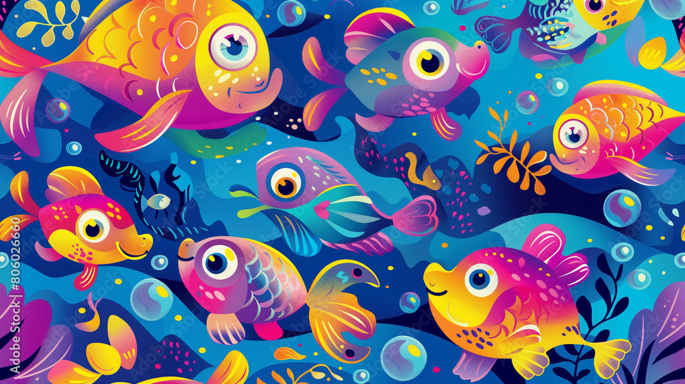 A children's wallpaper for a PC, tablet, or smartphone featuring cartoon fish. The design includes vibrant, bright colors with a variety of cheerful, playful fish swimming across the screen. Each fish