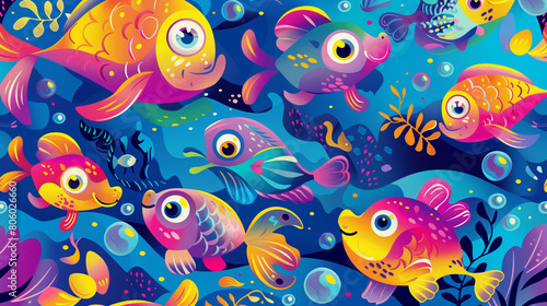 A children s wallpaper for a PC  tablet  or smartphone featuring cartoon fish. The design includes vibrant  bright colors with a variety of cheerful  playful fish swimming across the screen. Each fish