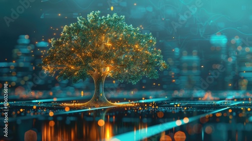 abstract background, illustration of beautiful glowing tree growing on cities representing digital technology in studio. © suphakphen