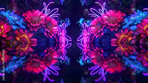 
flower punk neon happy barok basic style mirrored but not exactly the same. Like dark and light, night and day, good and bad, left and right, line art, UHD, edge photo
