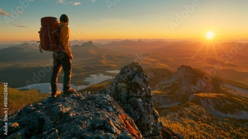 Hiker reaching the summit at sunrise, overlooking a vast June landscape photo