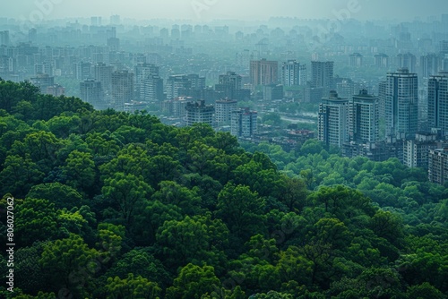 Dense urban forest surrounds high-rise buildings  lush green overtaking urban sprawl  view offers contrasting vision of nature s resurgence in heart of bustling city.